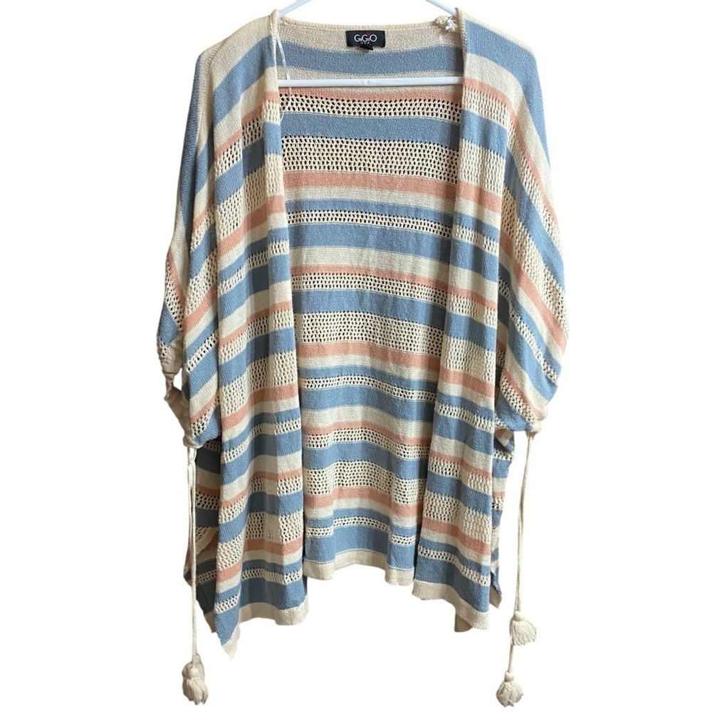 GIGIO Blue Cream Pink Stripe Open Front Crochet Knit Cardigan Size Medium